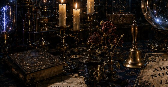 Candlesticks, an antique book, and a dried rose arranged on the séance table.