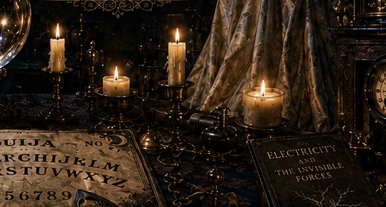 Lit candles, a draped mirror, and a leather-bound book reading 'Electricity and the Invisible Forces.'
