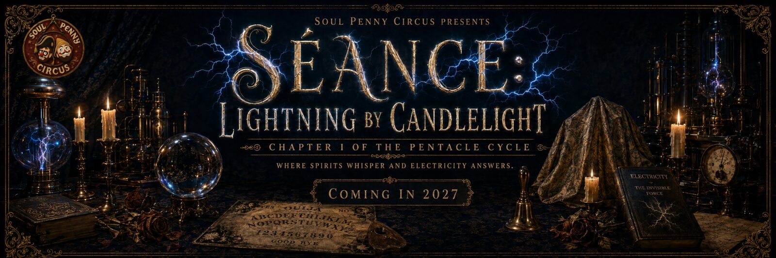 The full séance table set — candles, Ouija board, antique books, and lightning-lit glassware.